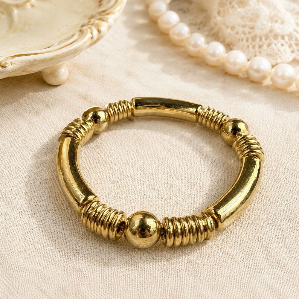 Vintage Gold Tone Chunky Stretch Bracelet Ribbed Bead Statement Jewelry 1980s
